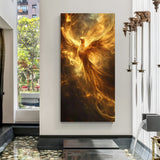 Golden fire phoenix canvas wrapped wall art showing majestic rising phoenix in golden flames, symbolizing power, courage, transformation and Vastu positive energy.