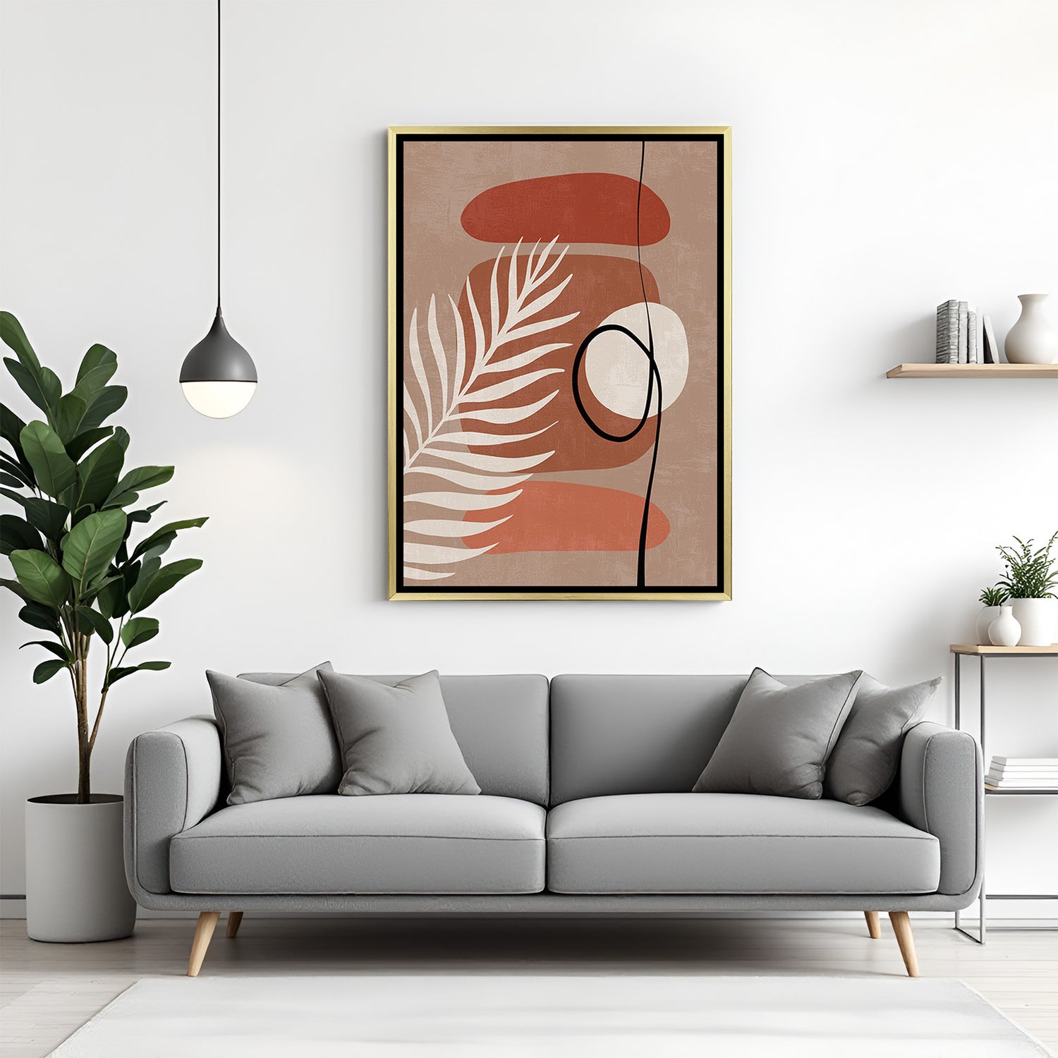Golden frame canvas with minimal random shapes, brown tones, and botanical leaf detail