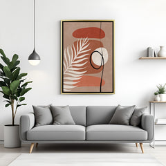 Golden frame canvas with minimal random shapes, brown tones, and botanical leaf detail