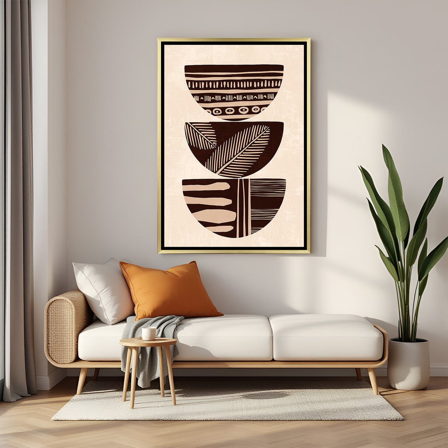 Golden floater canvas featuring earthy stacked bowls and subtle boho prints in minimal style