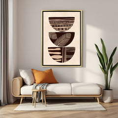 Golden floater canvas featuring earthy stacked bowls and subtle boho prints in minimal style