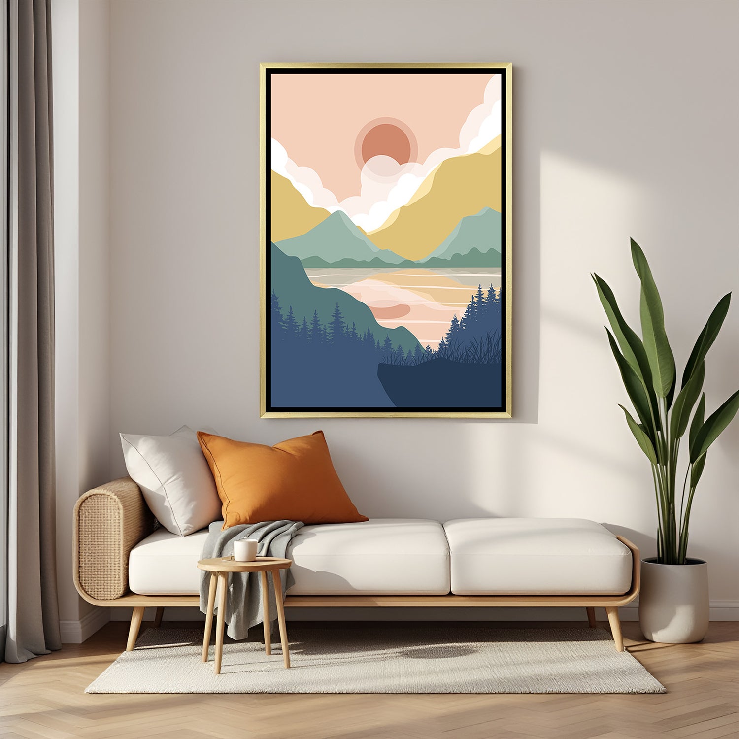 Golden frame artwork with colorful mountains in earthy pastel tones and clean boho aesthetic