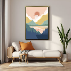 Golden frame artwork with colorful mountains in earthy pastel tones and clean boho aesthetic