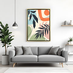 Golden frame canvas wall art with scattered pastel forms and soft abstract style