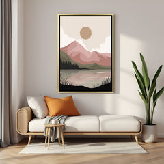 Golden frame boho canvas print with peaceful mountain view and sun in calm natural colors