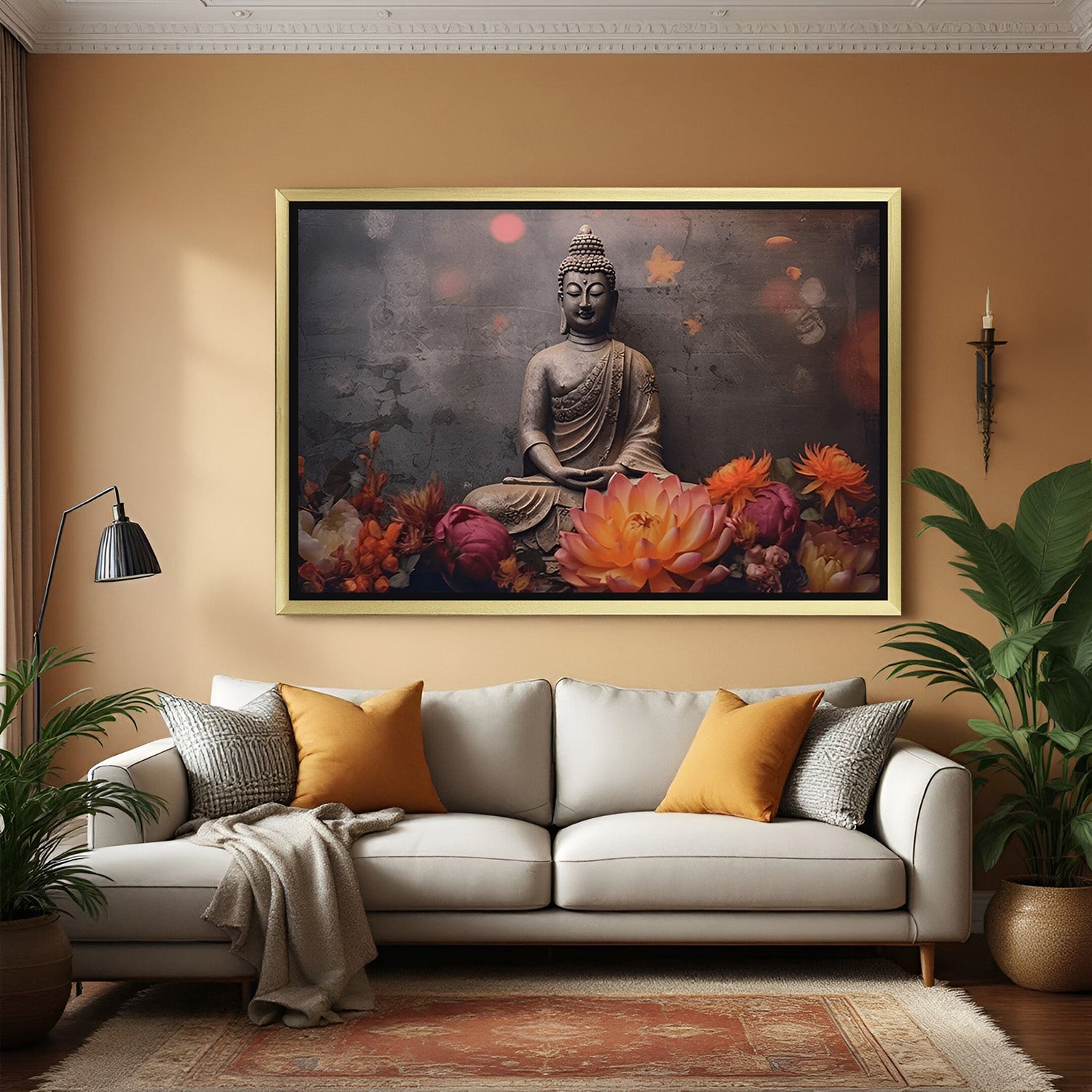 golden floater frame buddha vastu painting for peaceful home decor to enhance serenity balance and spiritual ambiance in living spaces
