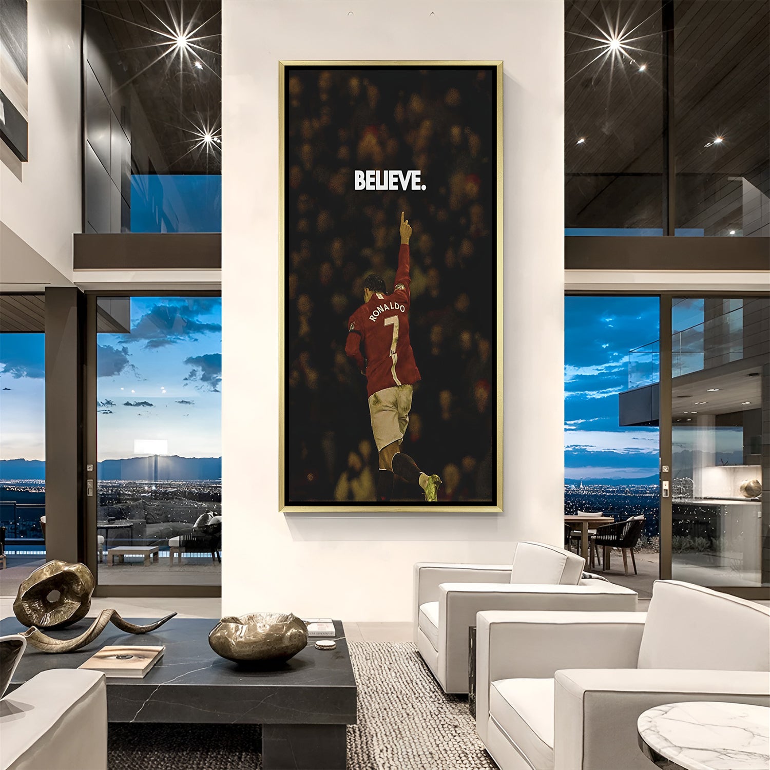 Golden floater frame football artwork showing Ronaldo’s pose and BELIEVE quote