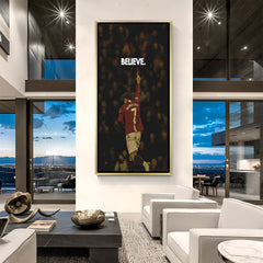 Golden floater frame football artwork showing Ronaldo’s pose and BELIEVE quote
