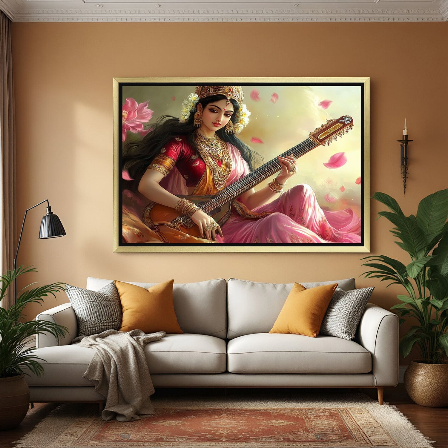Golden frame canvas art of Maa Saraswati spreading divine knowledge and calm through vastu-aligned spiritual decor
