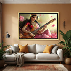 Golden frame canvas art of Maa Saraswati spreading divine knowledge and calm through vastu-aligned spiritual decor