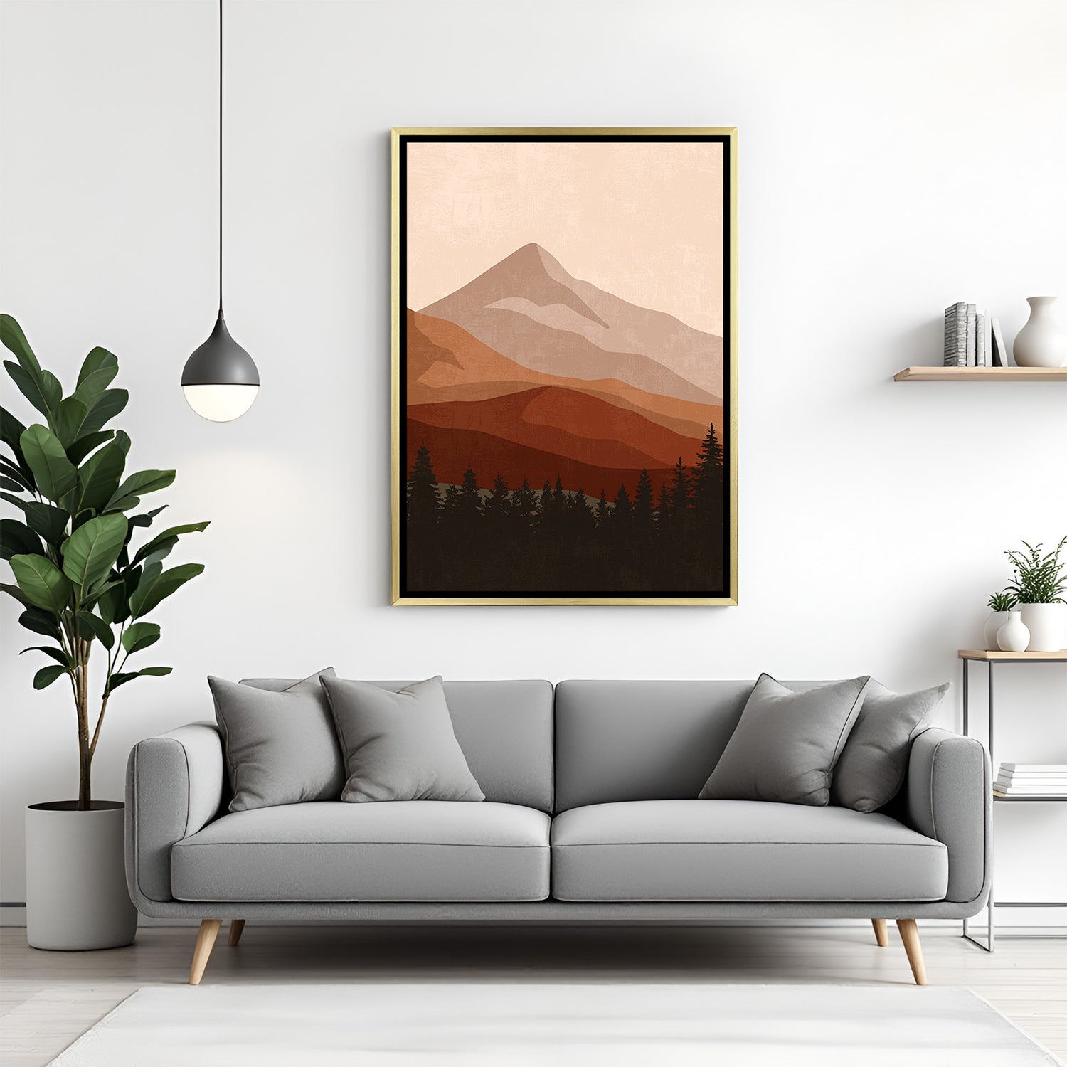 Golden floater canvas print showing earthy toned mountains and trees in painted boho composition