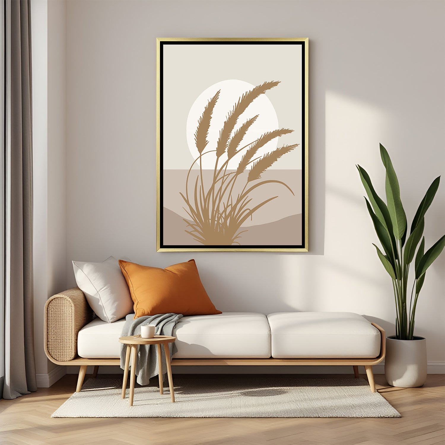 Golden floater wall art with earthy wheat field and soft sun in a peaceful bohemian setting