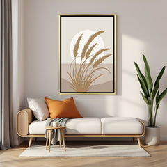 Golden floater wall art with earthy wheat field and soft sun in a peaceful bohemian setting