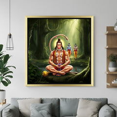 Golden frame Hanuman canvas art exuding sacred energy and divine power for vastu-based spiritual decor in home or office spaces