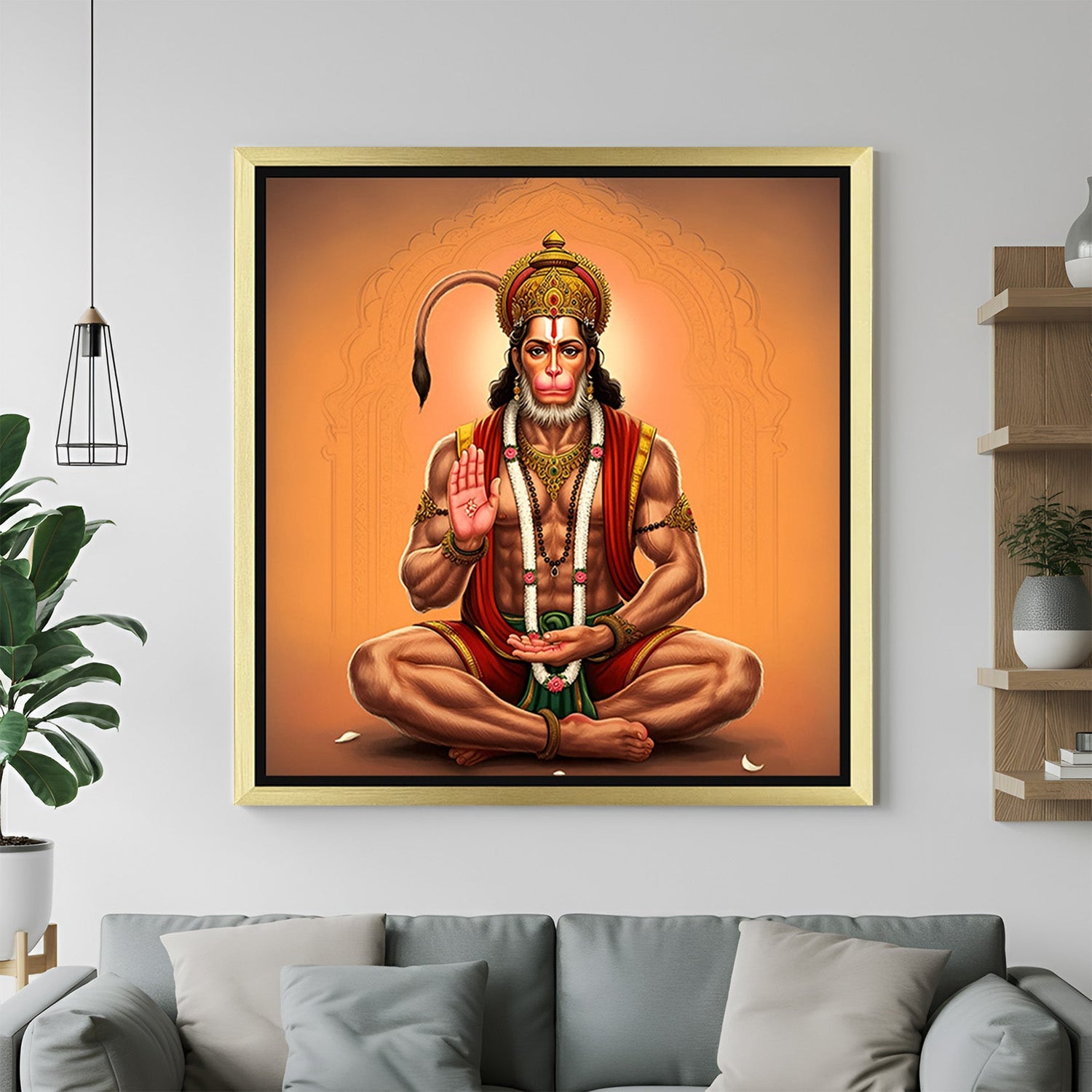 Golden framed Lord Hanuman canvas infused with positive energy, devotion, and vastu benefits for a bold, sacred wall presence