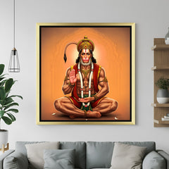 Golden framed Lord Hanuman canvas infused with positive energy, devotion, and vastu benefits for a bold, sacred wall presence