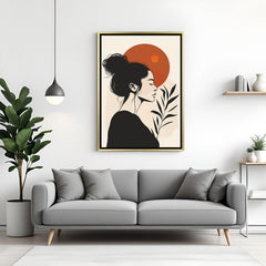 Golden frame canvas with Japanese-style girl face in monotone and red backdrop in abstract art