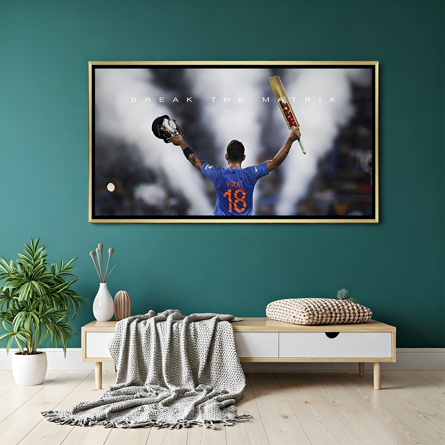 Golden frame canvas featuring back view of Virat Kohli with bat, helmet and bold victory quote