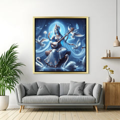 Golden framed canvas of Maa Saraswati radiating sacred energy, ideal for vastu-based wall decor in study rooms or meditation zones