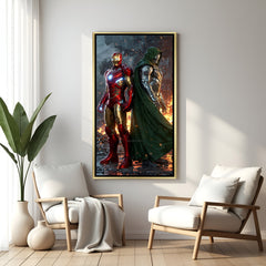 High-impact superhero canvas art – golden floater frame adds luxury to the Iron Man vs. Dr. Doom scene.