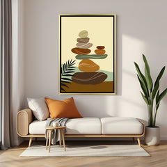 Golden frame canvas showing stacked pebbles in neutral tones over a soft light background