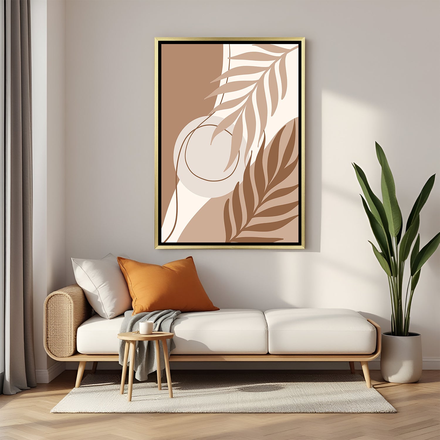 Golden floater frame wall art with warm brown minimal shapes and subtle leaf designs