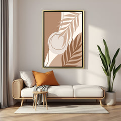 Golden floater frame wall art with warm brown minimal shapes and subtle leaf designs