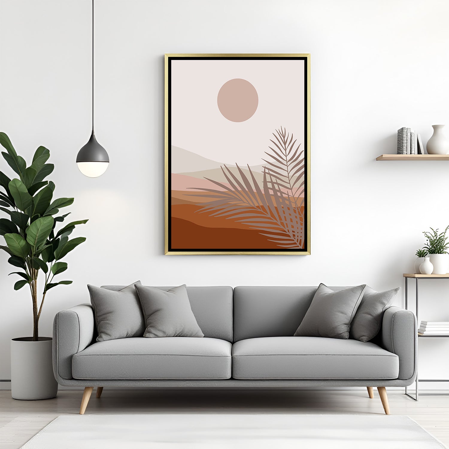 Golden frame wall art showing a calm desert with pastel sun and shaded earth in boho style