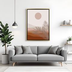 Golden frame wall art showing a calm desert with pastel sun and shaded earth in boho style