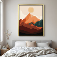 Golden floater frame canvas showing minimal mountain design and sun in soft boho palette
