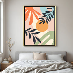 Golden frame abstract wall art with earthy shapes and minimal dark stems in bohemian style