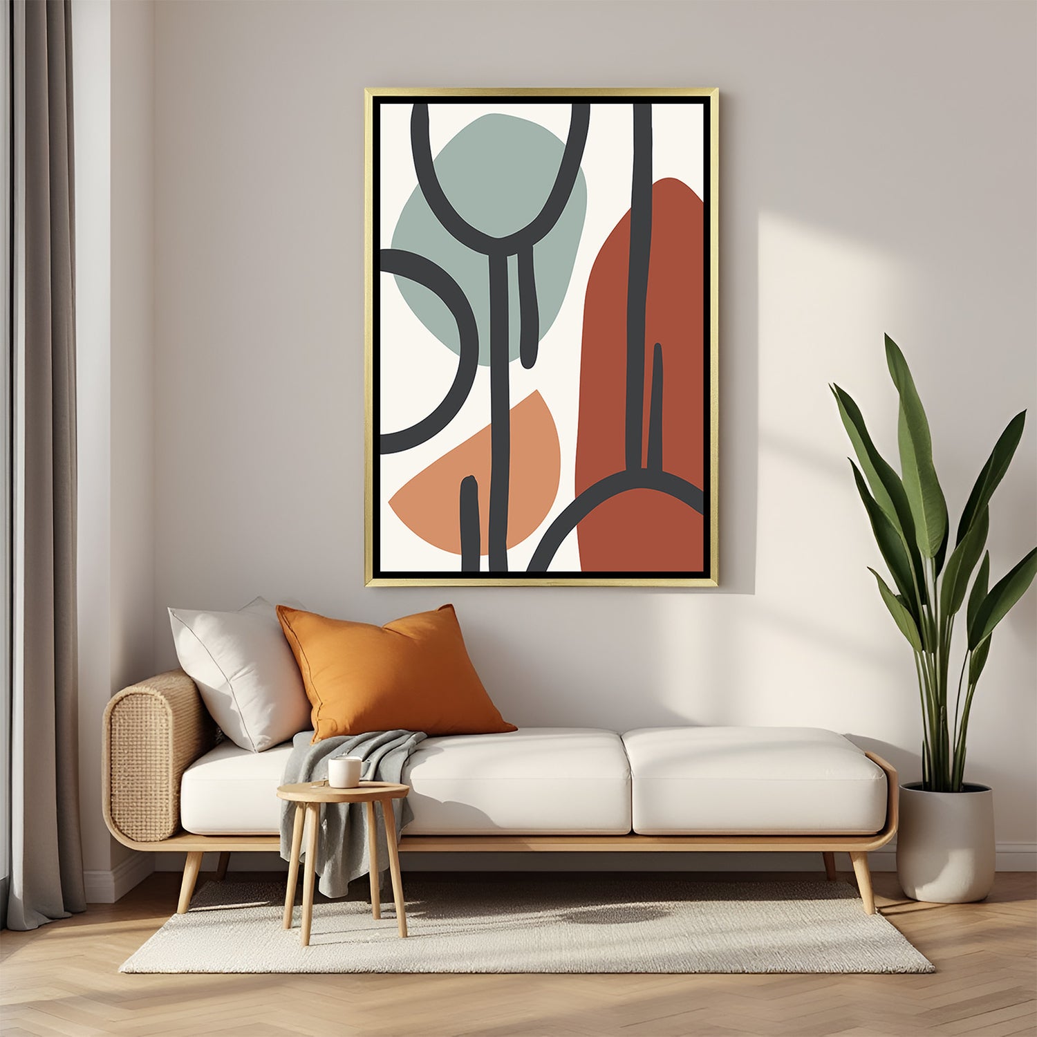 Golden frame canvas wall art featuring pastel shapes and bold black abstract lines