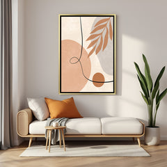 Golden floater frame canvas art with random pastel shapes in a modern minimalist style