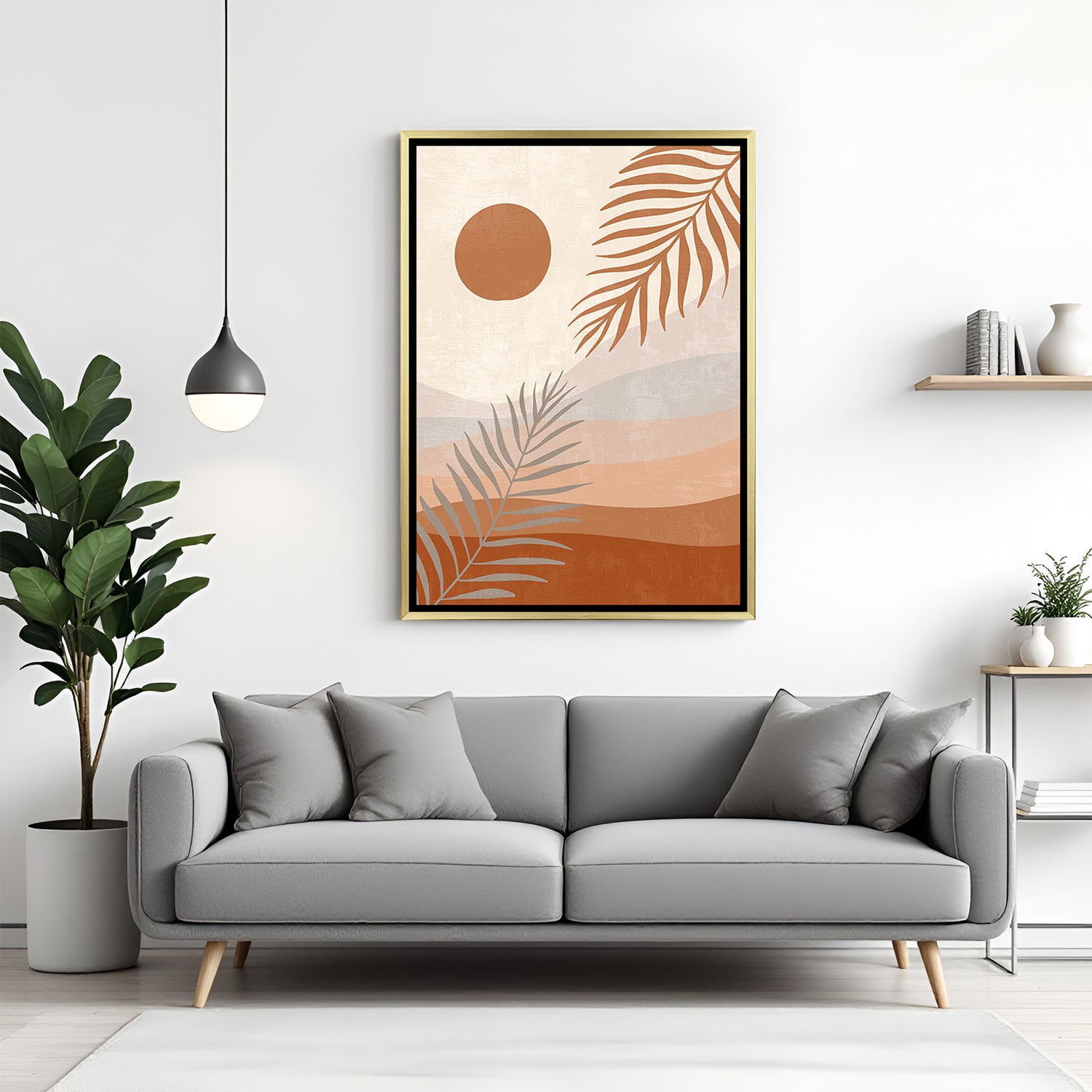 Golden floater frame canvas showcasing plant stems, sun, and a minimal desert scene in warm hues