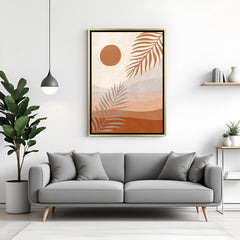 Golden floater frame canvas showcasing plant stems, sun, and a minimal desert scene in warm hues