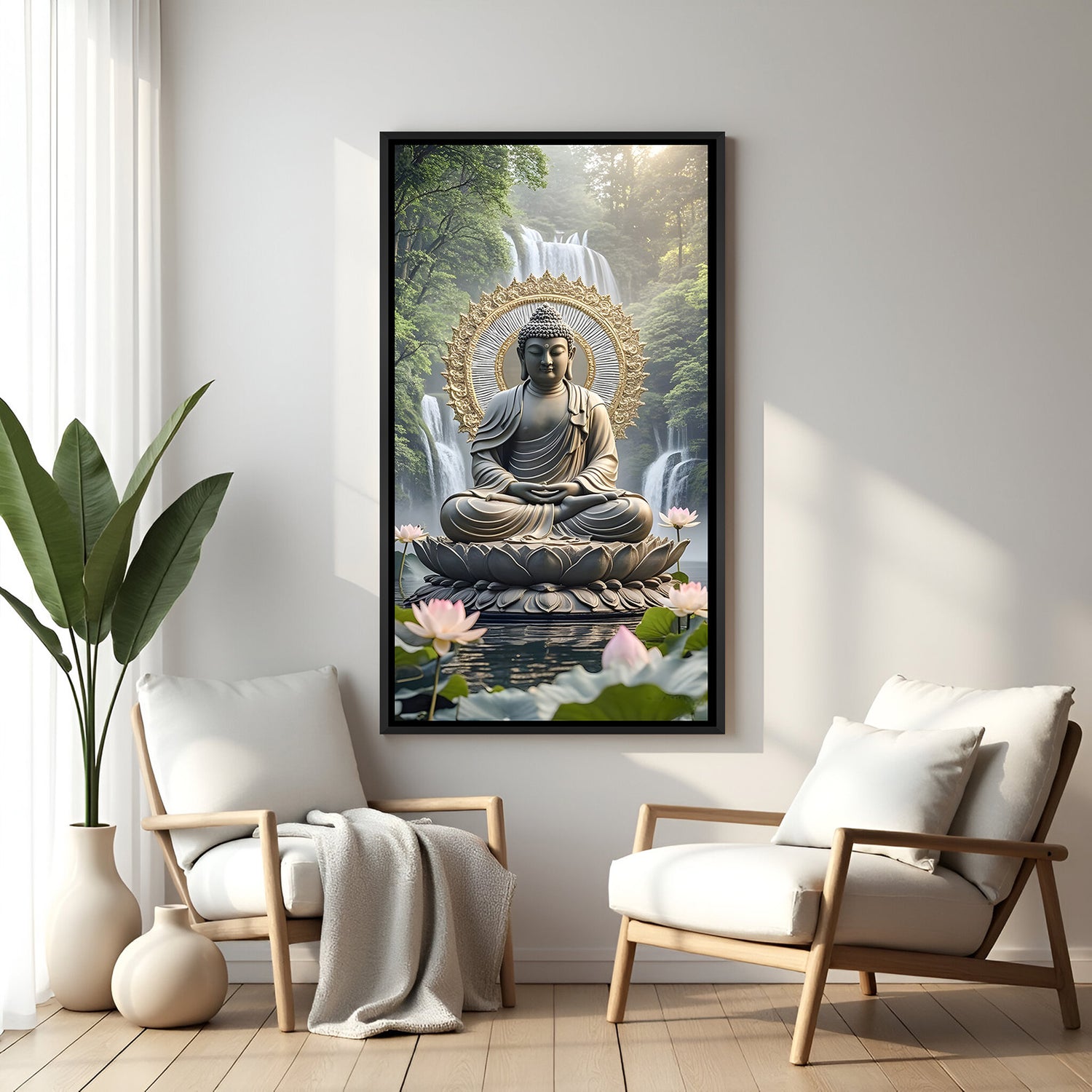 Elegant Buddha canvas with golden halo and waterfall in modern black frame.