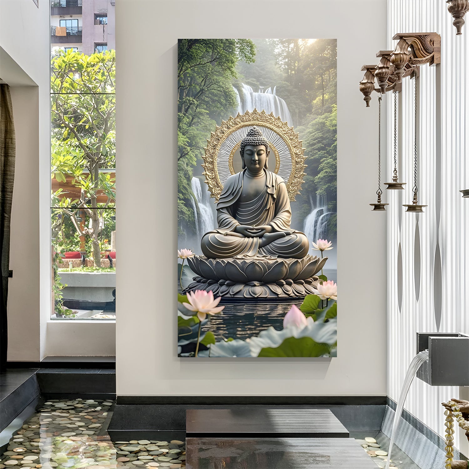 Vertical Buddha meditation wall art with waterfall backdrop and lotus flowers.