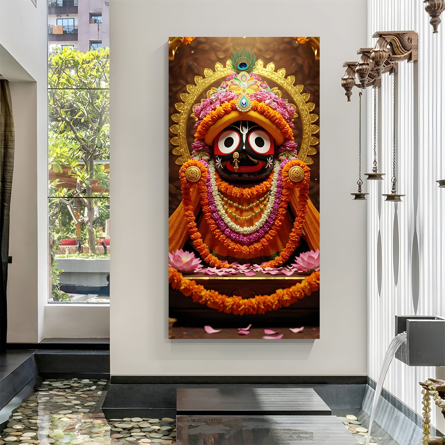 Canvas wrapped vertical Jagannath wall art with golden halo, marigold garlands, and lotus flower accents.
