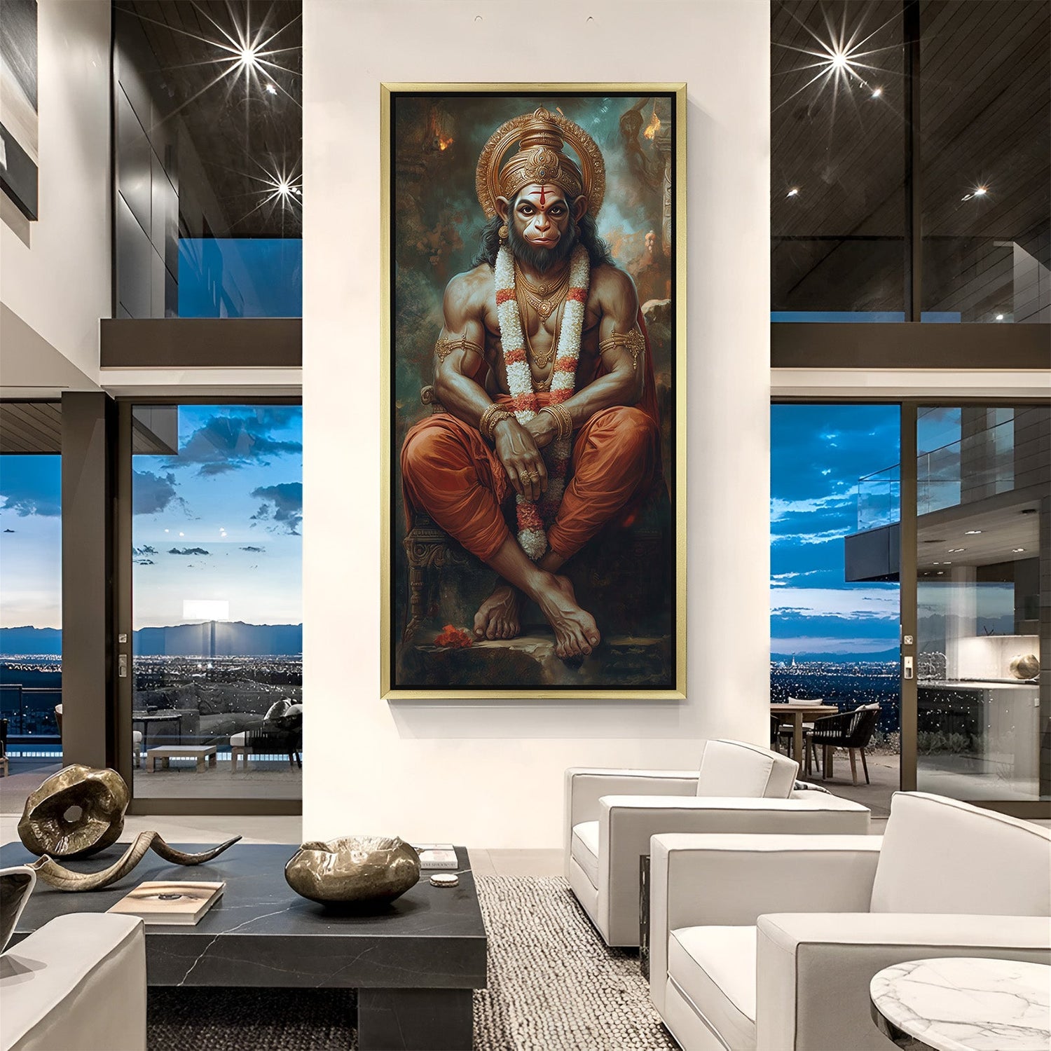 Golden framed Hanuman ji canvas artwork symbolizing divine protection, strength, and spiritual positivity as per vastu principles