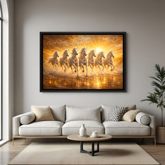 Seven white horses running on water artwork with golden sun in elegant black floater frame