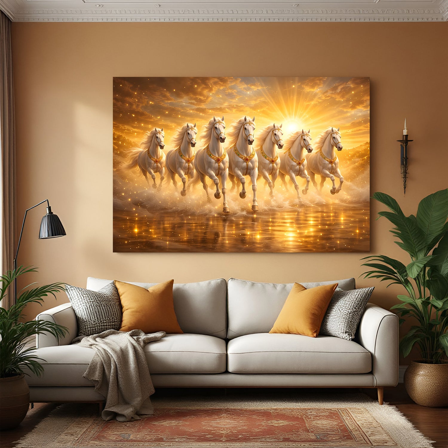 Seven white horses running on water with golden sun background canvas wall art in premium canvas wrapped frame