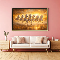 Seven white horses prosperity canvas painting with radiant golden sun in luxurious golden floater frame
