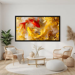 Elegant koi fish artwork with radiant golden swirls in modern black floater frame