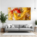 Gold-themed koi fish wall art featuring two vibrant fish swimming in swirling golden light in premium canvas wrapped frame