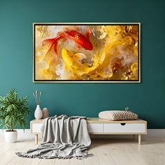 Golden Infinity Koi artwork in luxury golden floater frame featuring two koi fish and glowing golden currents