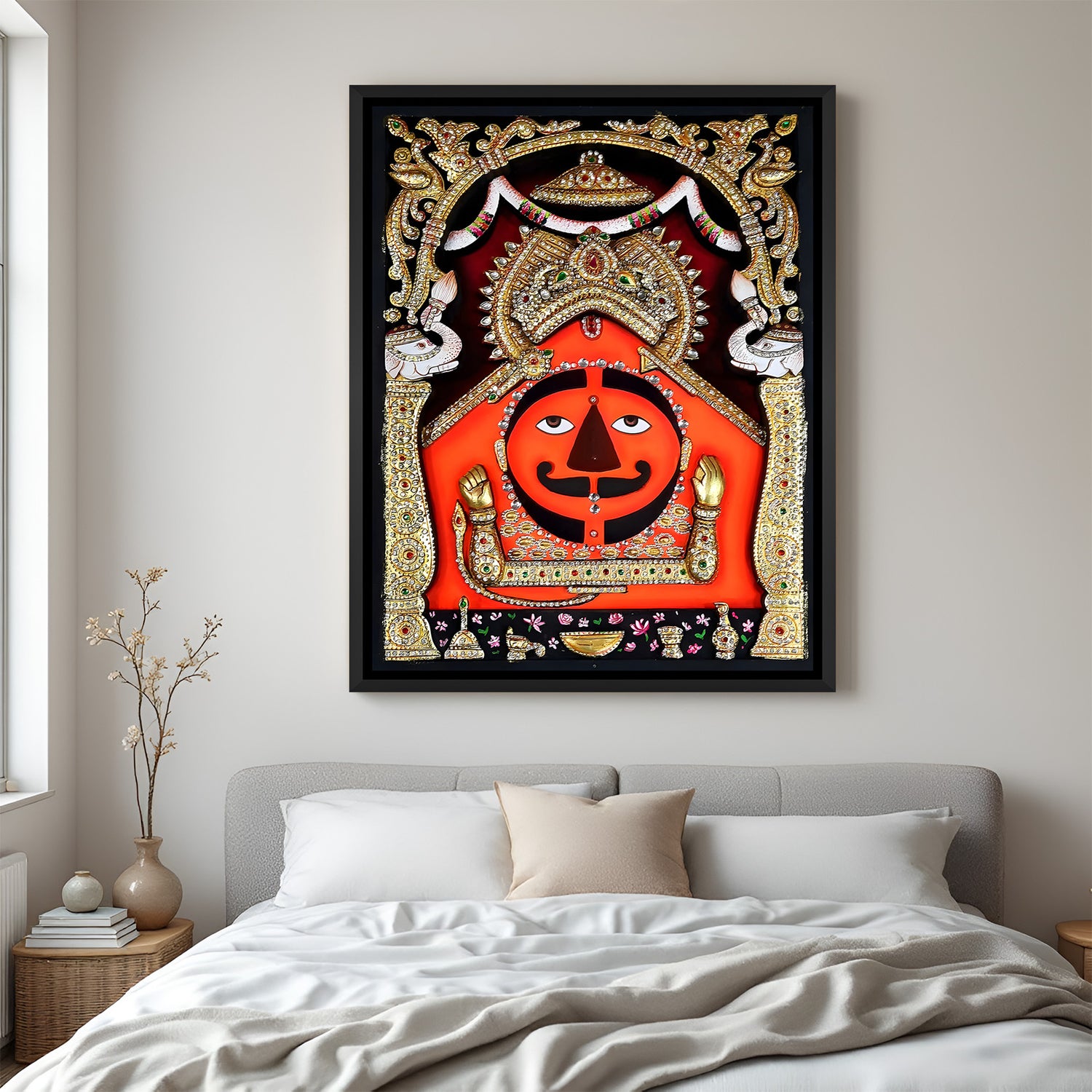 Traditional Salasar Balaji painting with ornate gold embellishments in elegant black floater frame