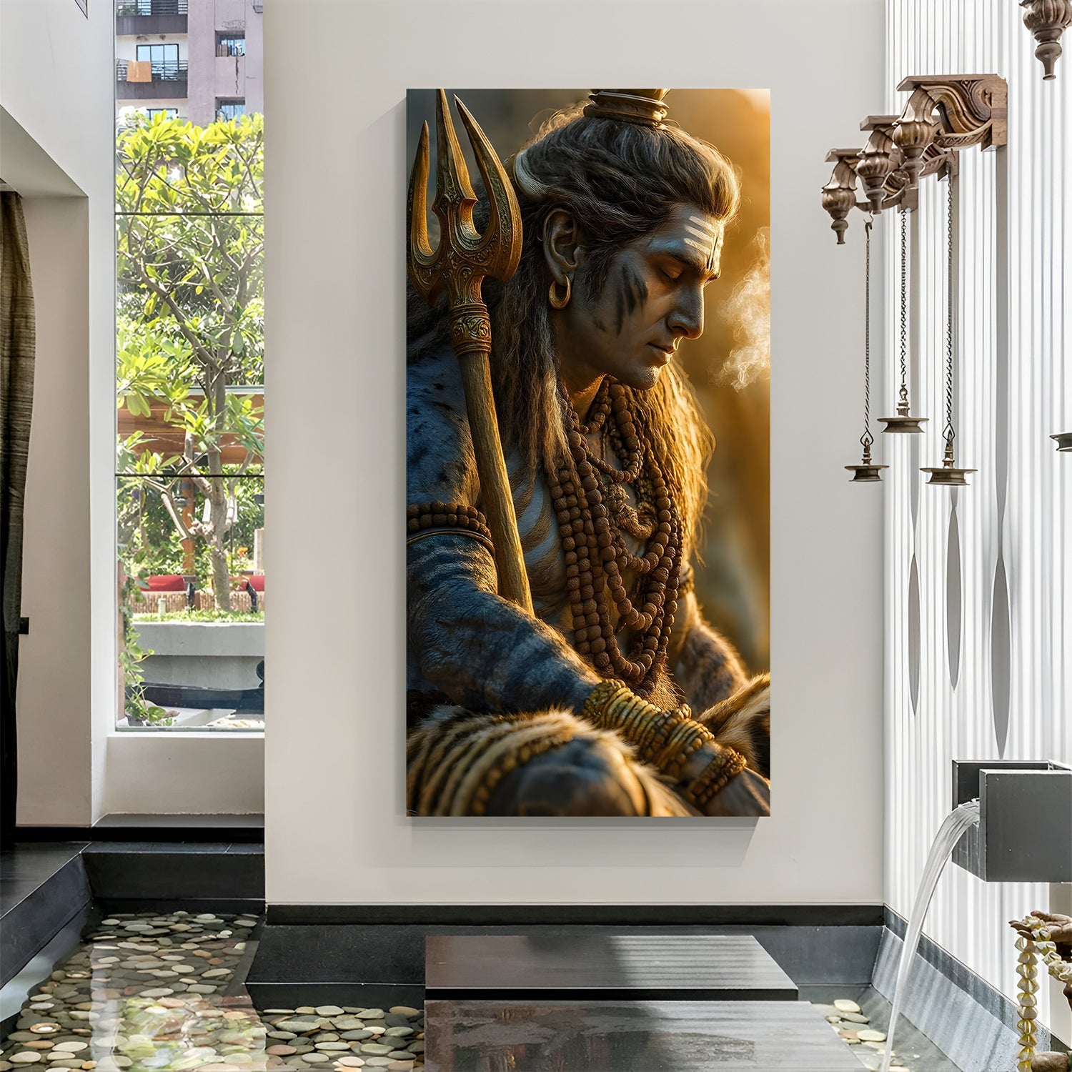 Golden meditation Shiva canvas wall art wrapped print with trishul and rudraksha beads in warm spiritual lighting