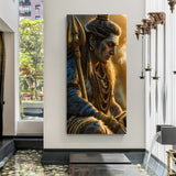 Golden meditation Shiva canvas wall art wrapped print with trishul and rudraksha beads in warm spiritual lighting