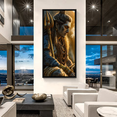 Shiva meditation wall art in black floater frame with trishul and golden spiritual glow modern home decor