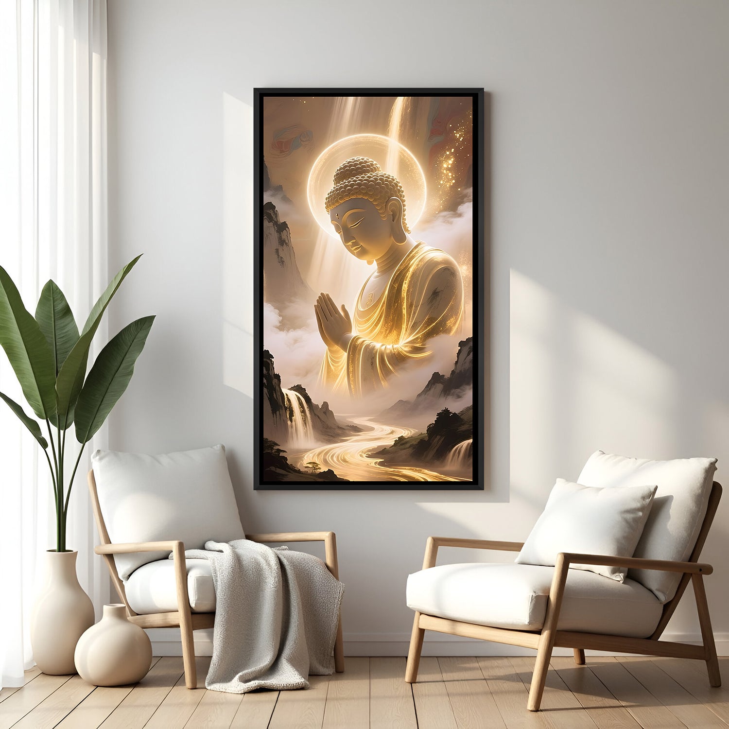 Golden Mountain Buddha spiritual canvas artwork in premium black floater frame